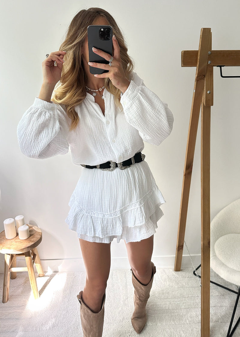 Light cotton set with blouse & ruffled shorts – Leora-White-One size fits all-State of Style