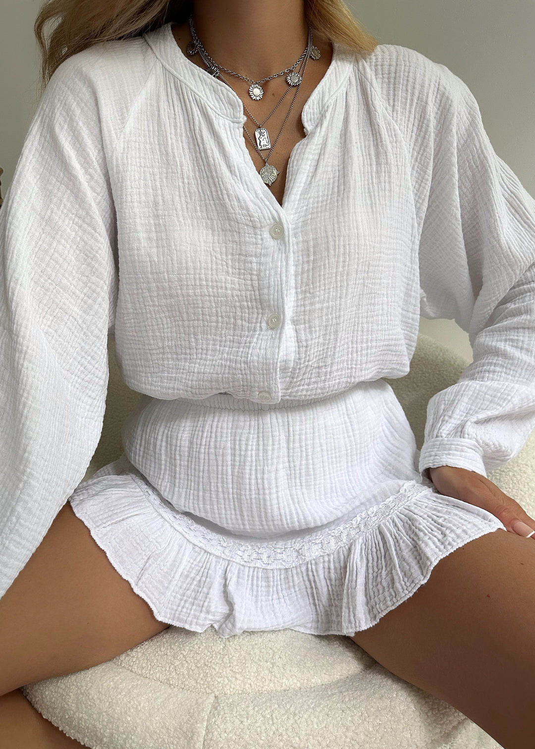 Light cotton set with blouse & ruffled shorts – Leora-White-One size fits all-State of Style