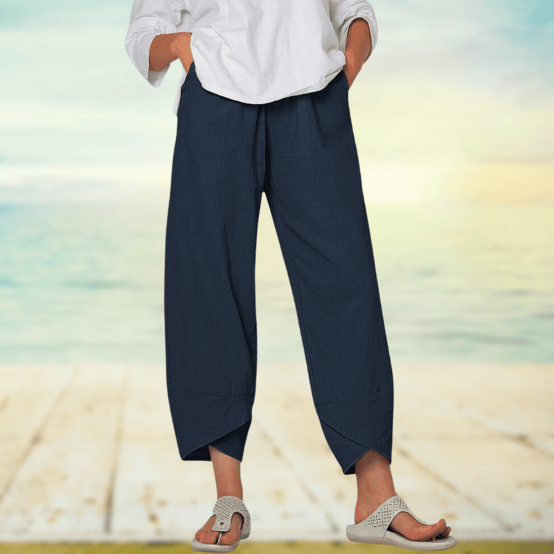 Light cotton trousers with elastic waistband – Mila-Blue-S-State of Style