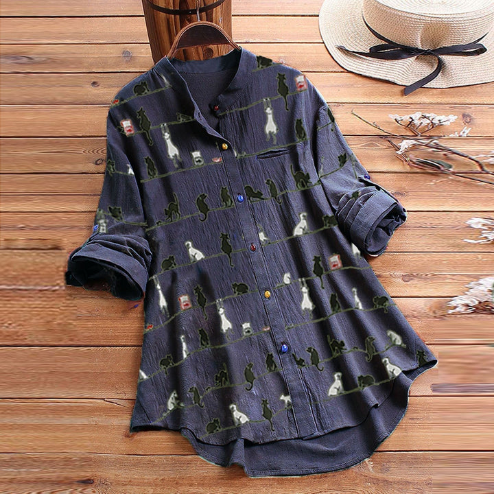 Light ladies' blouse with cat motif & button placket - Kaja-Black-S-State of Style