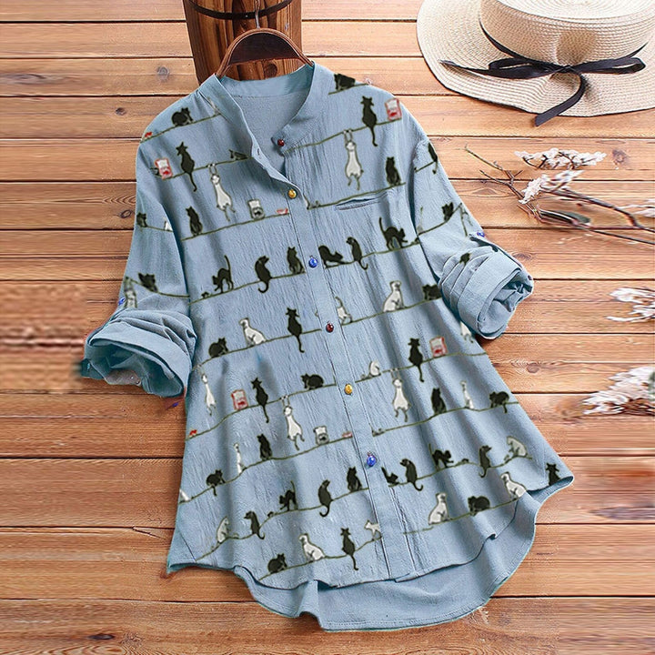 Light ladies' blouse with cat motif & button placket - Kaja-Blue-S-State of Style