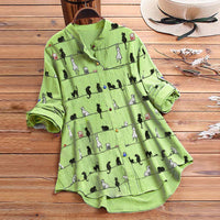 Light ladies' blouse with cat motif & button placket - Kaja-Green-S-State of Style