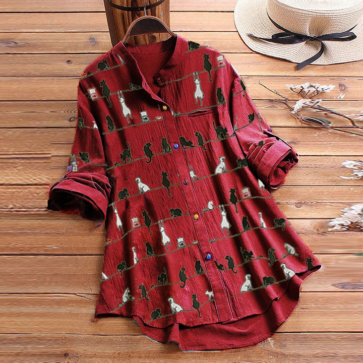 Light ladies' blouse with cat motif & button placket - Kaja-Red-S-State of Style