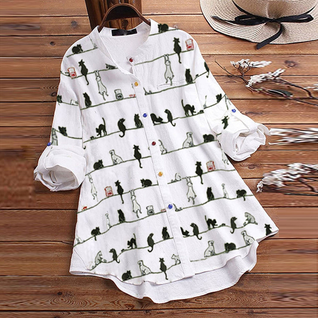 Light ladies' blouse with cat motif & button placket - Kaja-White-S-State of Style