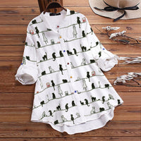 Light ladies' blouse with cat motif & button placket - Kaja-White-S-State of Style
