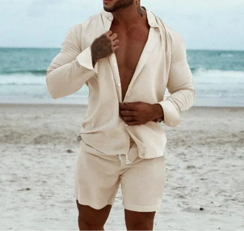 Light & Stylish 2-Piece Summer Set with Shirt & Shorts for Men – Marlo-Beige-S-State of Style