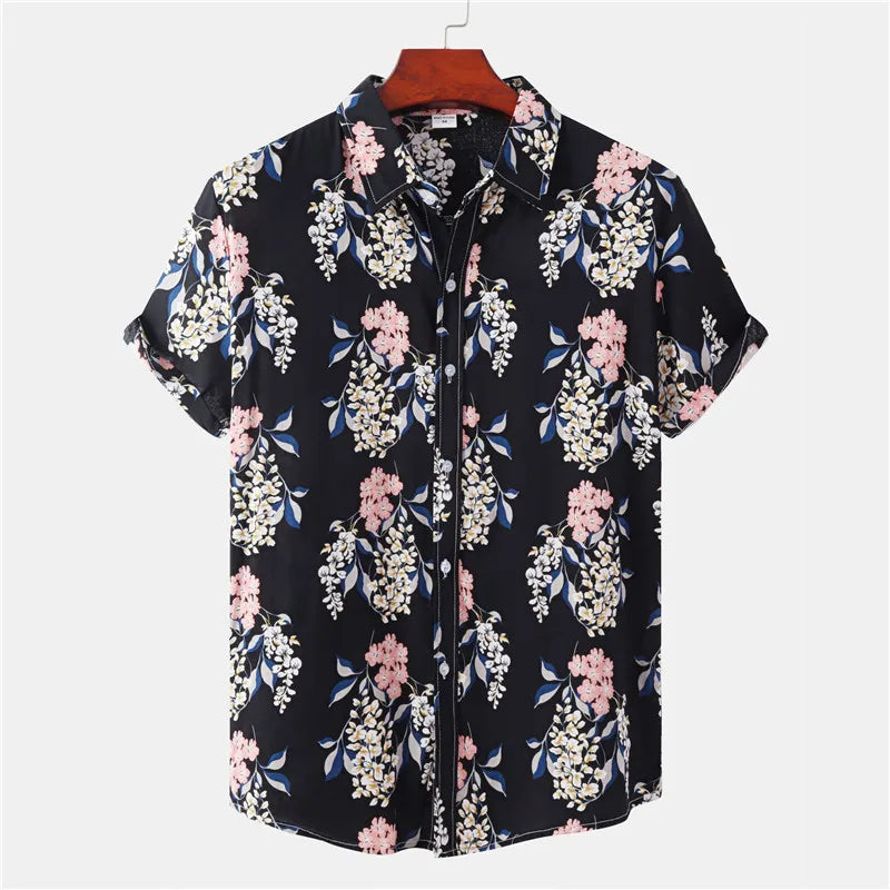 Light & Stylish Tropical Shirt with Floral Pattern for Men – Mateo-Black-Pink-S-State of Style
