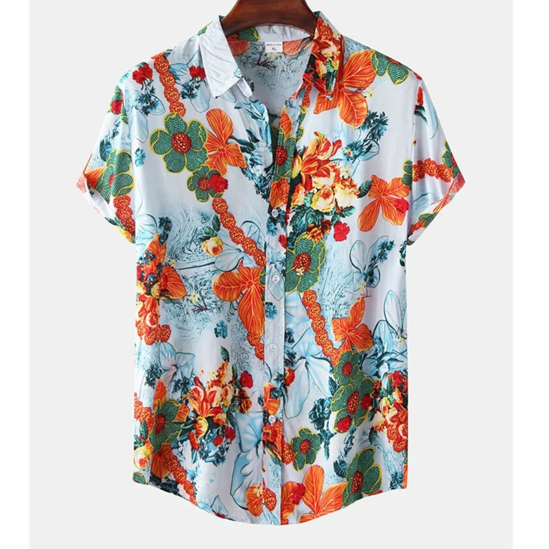 Light & Stylish Tropical Shirt with Floral Pattern for Men – Mateo-Blue-Orange-S-State of Style