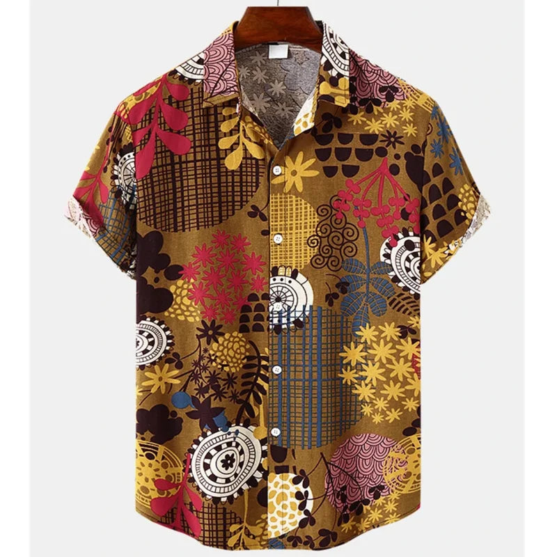 Light & Stylish Tropical Shirt with Floral Pattern for Men – Mateo-Dark Brown-Yellow-S-State of Style