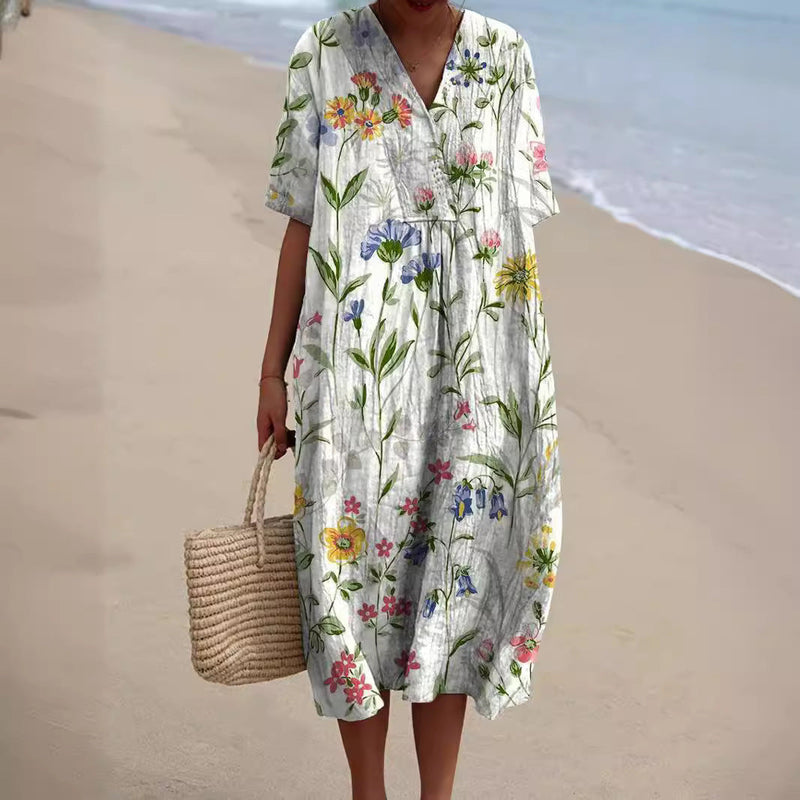 Light summer flower dress for women with V-neck and comfortable cut – Talia-Flowers-S-State of Style