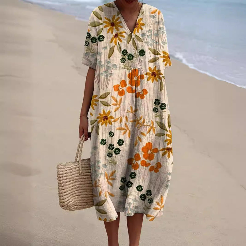 Light summer flower dress for women with V-neck and comfortable cut – Talia-Flowers-S-State of Style