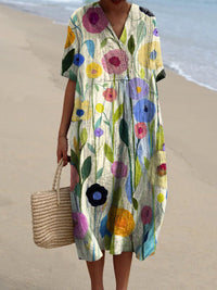 Light summer flower dress for women with V-neck and comfortable cut – Talia-Multicoloured floral-S-State of Style