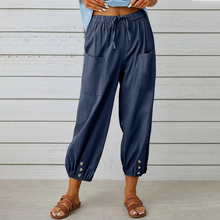 Light summer linen trousers with drawstring & wide cut – Mira-Blue-S-State of Style