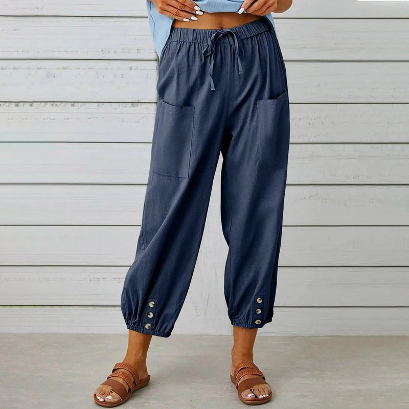 Light summer linen trousers with drawstring & wide cut – Mira-Blue-S-State of Style