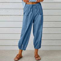 Light summer linen trousers with drawstring & wide cut – Mira-Denim blue-S-State of Style