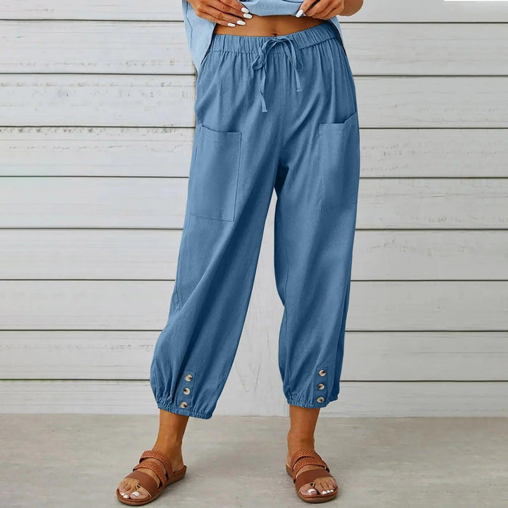 Light summer linen trousers with drawstring & wide cut – Mira-Denim blue-S-State of Style
