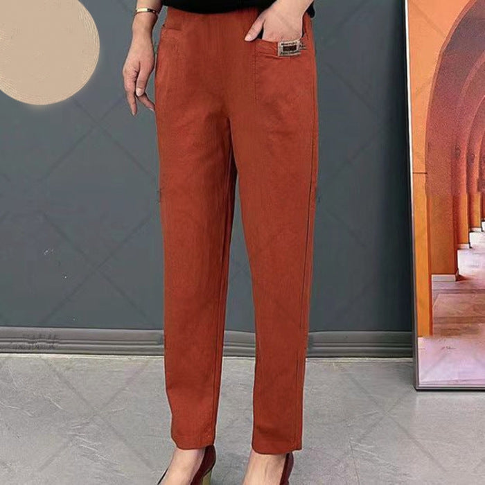 Light summer trousers made of cotton with stretch waistband – Linnea-Brick red-M-State of Style