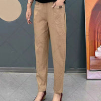 Light summer trousers made of cotton with stretch waistband – Linnea-Khaki-M-State of Style