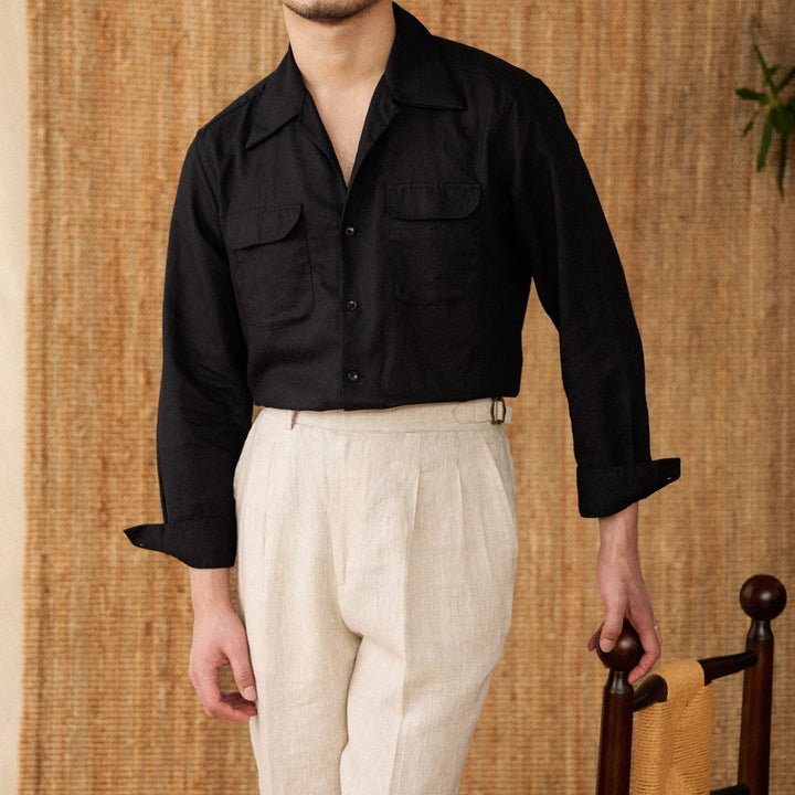 Lightweight men's shirt made of linen with Cuban collar and long sleeves – Mateo-Black-S-State of Style