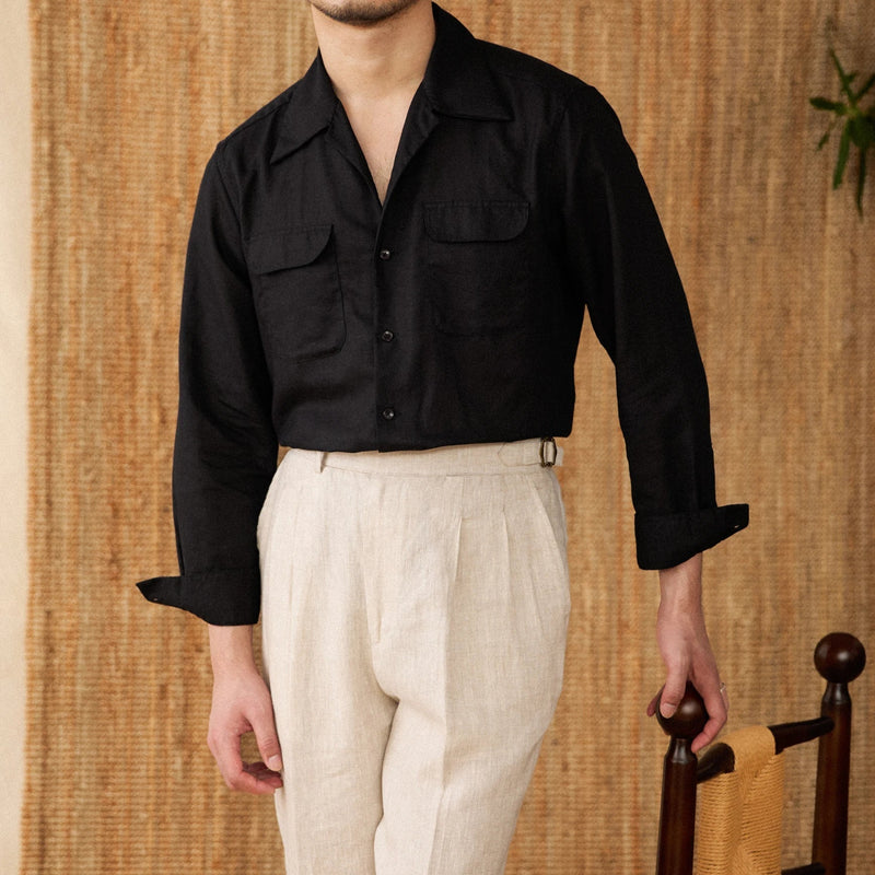 Lightweight men's shirt made of linen with Cuban collar and long sleeves – Mateo-Black-S-State of Style