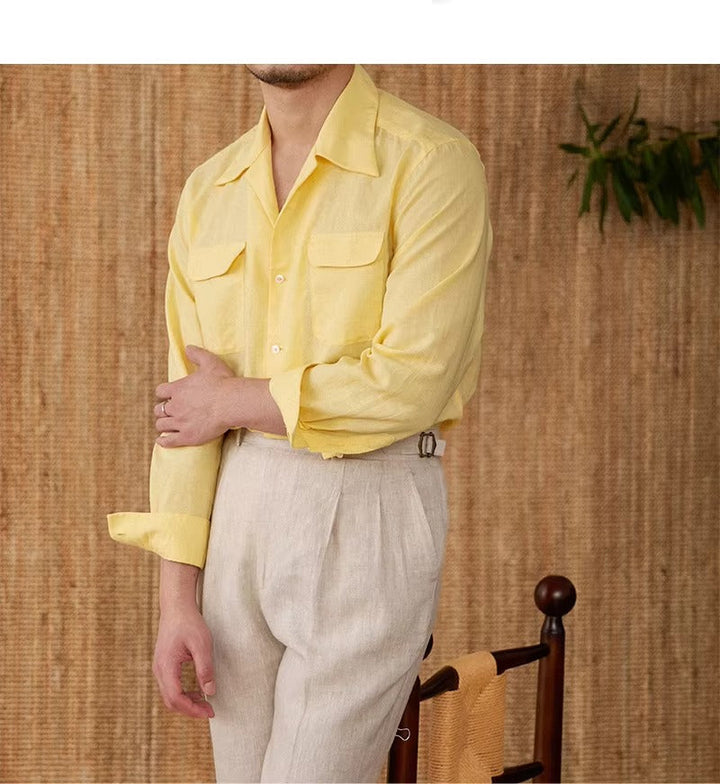 Lightweight men's shirt made of linen with Cuban collar and long sleeves – Mateo-Braun-S-State of Style