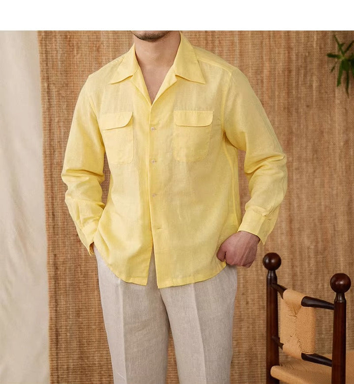 Lightweight men's shirt made of linen with Cuban collar and long sleeves – Mateo-Braun-S-State of Style
