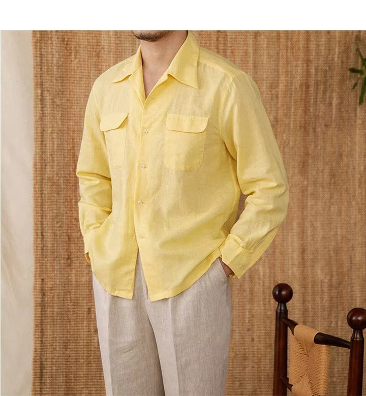Lightweight men's shirt made of linen with Cuban collar and long sleeves – Mateo-Braun-S-State of Style