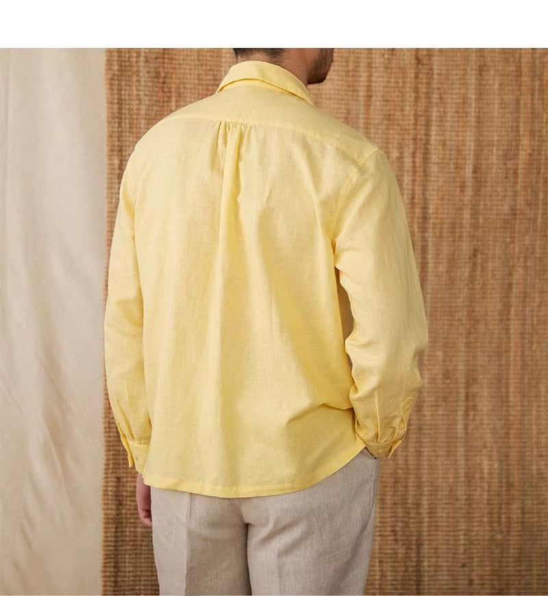 Lightweight men's shirt made of linen with Cuban collar and long sleeves – Mateo-Braun-S-State of Style