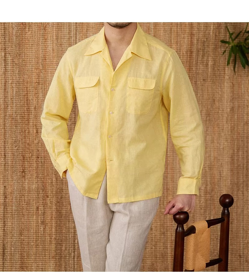 Lightweight men's shirt made of linen with Cuban collar and long sleeves – Mateo-Braun-S-State of Style