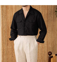 Lightweight men's shirt made of linen with Cuban collar and long sleeves – Mateo-Braun-S-State of Style