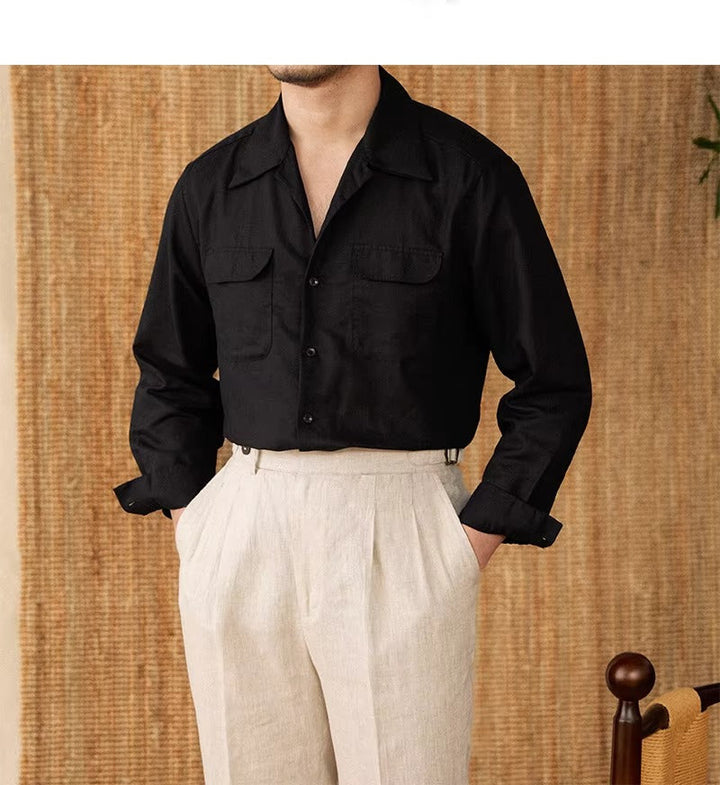 Lightweight men's shirt made of linen with Cuban collar and long sleeves – Mateo-Braun-S-State of Style