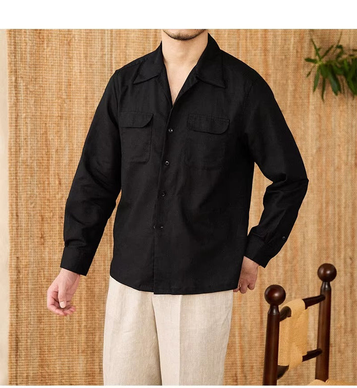 Lightweight men's shirt made of linen with Cuban collar and long sleeves – Mateo-Braun-S-State of Style