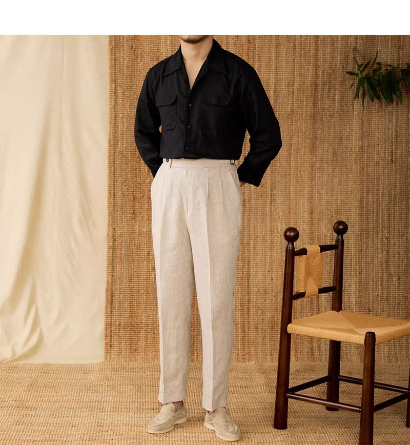 Lightweight men's shirt made of linen with Cuban collar and long sleeves – Mateo-Braun-S-State of Style