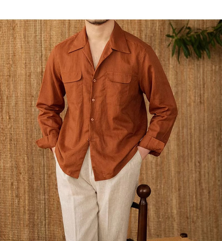 Lightweight men's shirt made of linen with Cuban collar and long sleeves – Mateo-Braun-S-State of Style