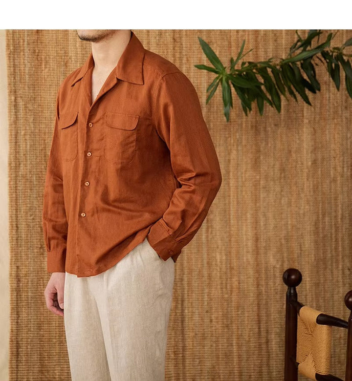 Lightweight men's shirt made of linen with Cuban collar and long sleeves – Mateo-Braun-S-State of Style