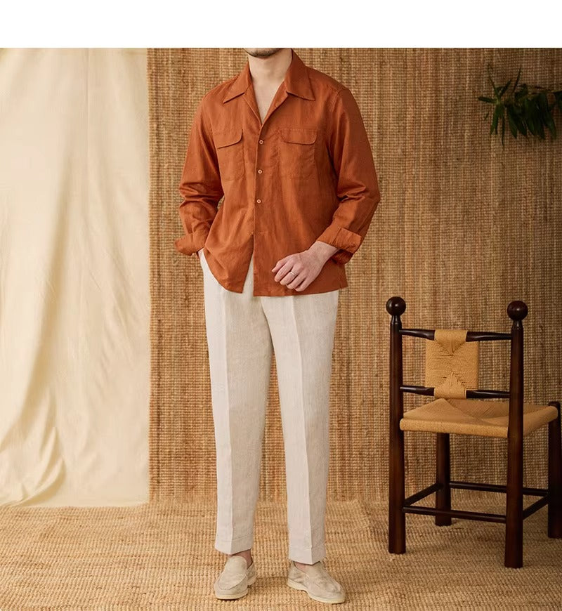 Lightweight men's shirt made of linen with Cuban collar and long sleeves – Mateo-Braun-S-State of Style