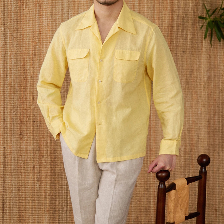 Lightweight men's shirt made of linen with Cuban collar and long sleeves – Mateo-Yellow-S-State of Style