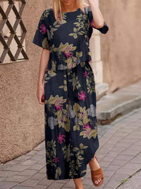 Lightweight two-piece summer outfit made of cotton with a flattering fit – Boho Set Zephyra-Navy Blue/Pink-S-State of Style