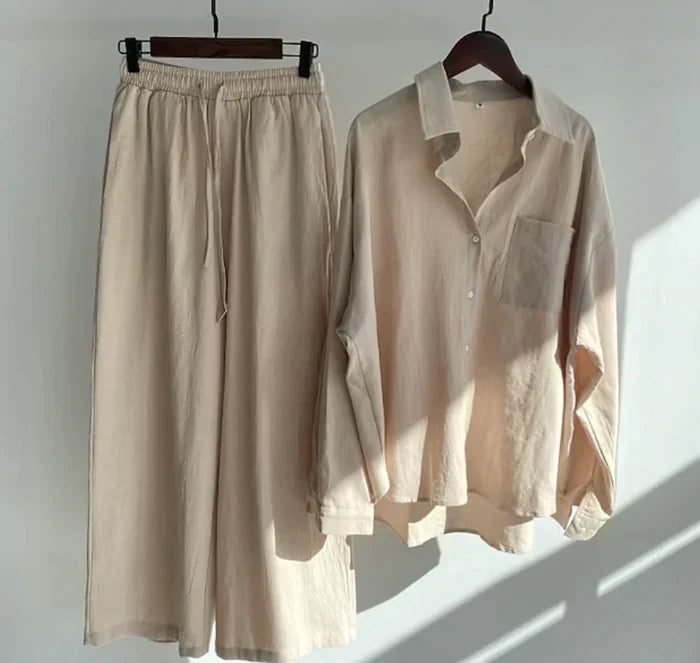 Lightweight two-piece summer set made of linen – Geneve-Beige-S-State of Style