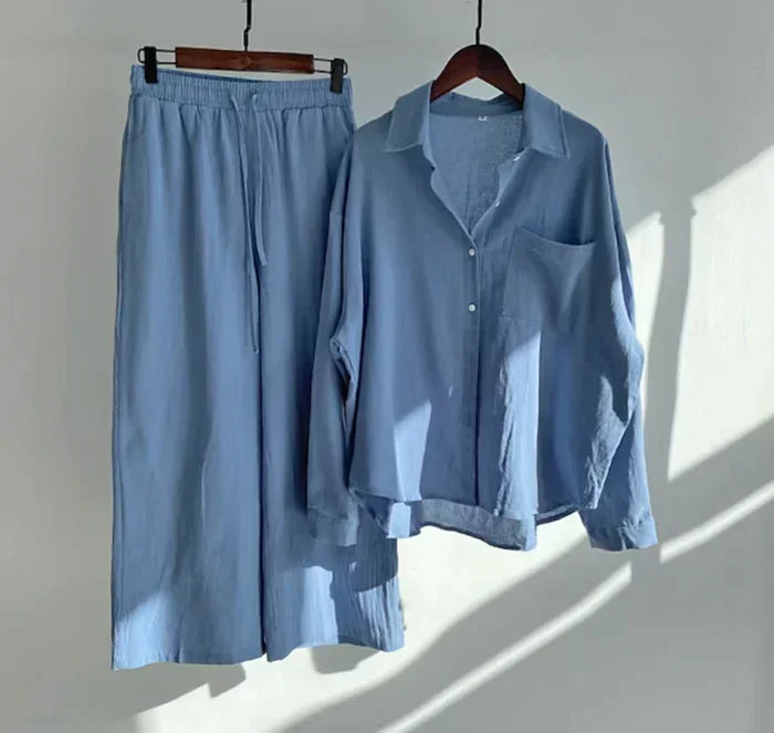 Lightweight two-piece summer set made of linen – Geneve-Blue-S-State of Style