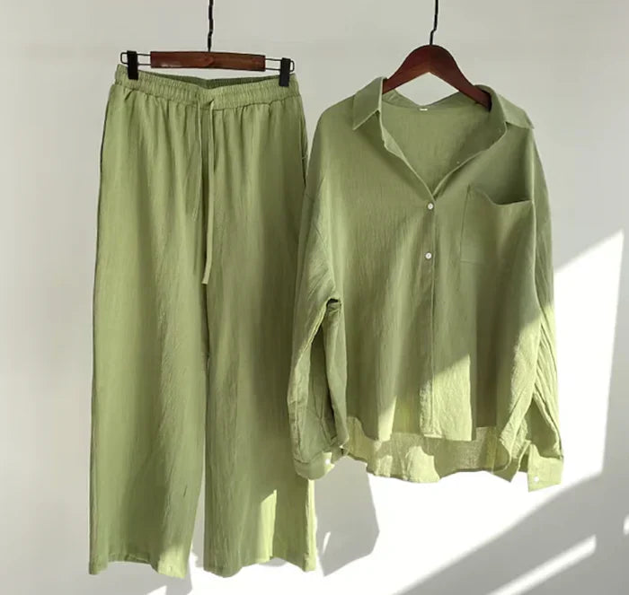 Lightweight two-piece summer set made of linen – Geneve-Green-S-State of Style