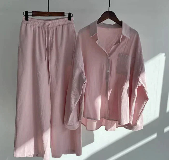 Lightweight two-piece summer set made of linen – Geneve-Pink-S-State of Style