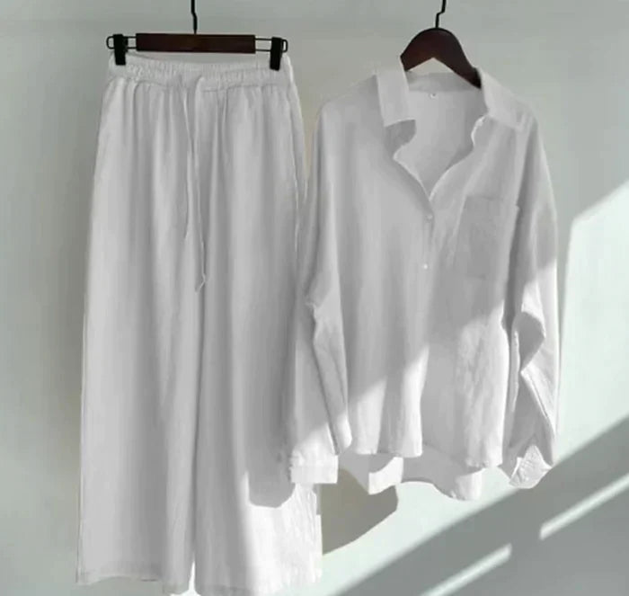 Lightweight two-piece summer set made of linen – Geneve-White-S-State of Style