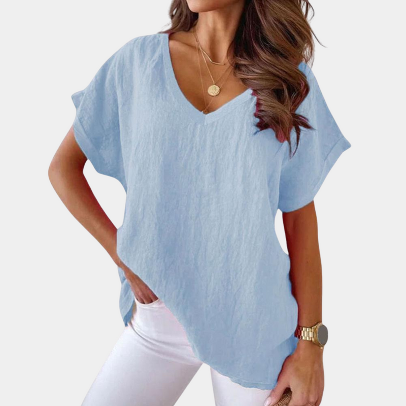 Lightweight V-neck linen blouse with a loose fit – Mailin-Blue-S-State of Style