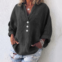 Lightweight women's linen blouse with button placket and V-neck – Elodie-Black-S-State of Style