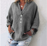 Lightweight women's linen blouse with button placket and V-neck – Elodie-Gray-S-State of Style