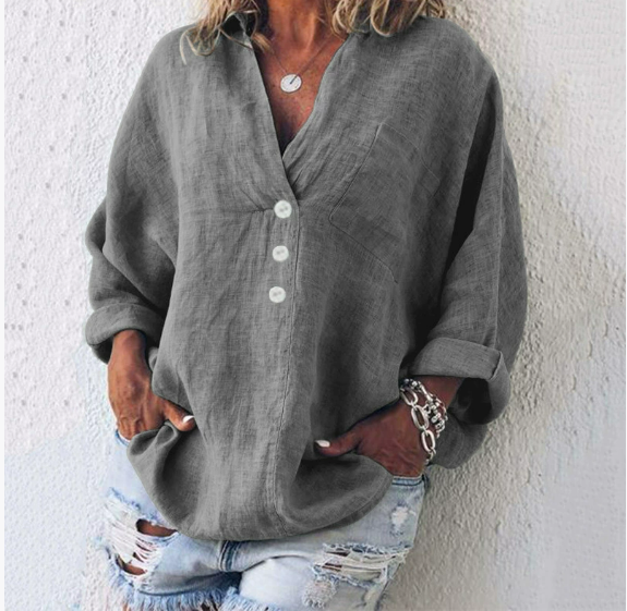 Lightweight women's linen blouse with button placket and V-neck – Elodie-Gray-S-State of Style