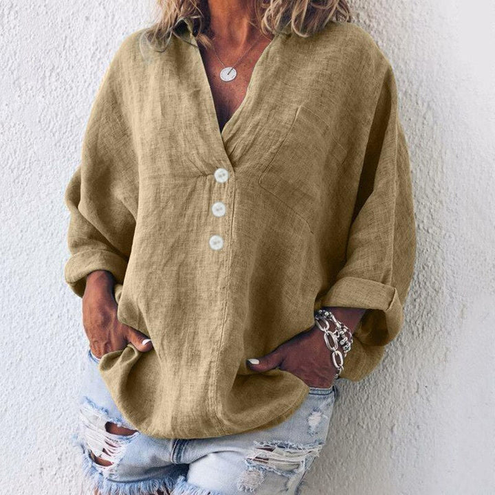 Lightweight women's linen blouse with button placket and V-neck – Elodie-Khaki-S-State of Style