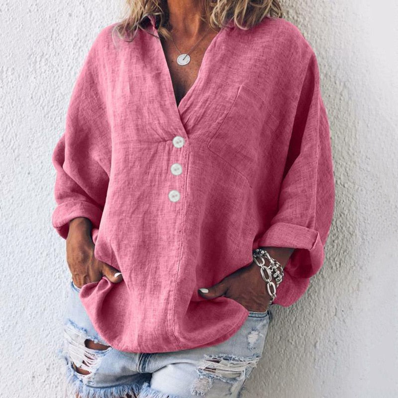 Lightweight women's linen blouse with button placket and V-neck – Elodie-Pink-S-State of Style