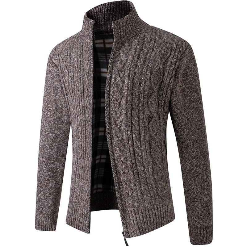 Lined Knitted Zip-Up Jacket for Men - Victor-Patterned Brown-M-State of Style